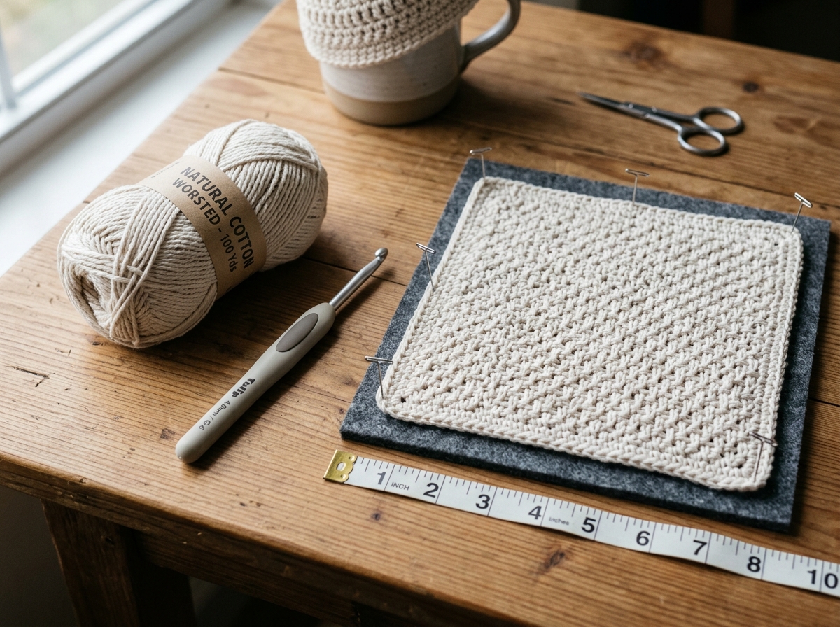 Neat ball of worsted cotton yarn with metal crochet hook and blocked crochet sample square