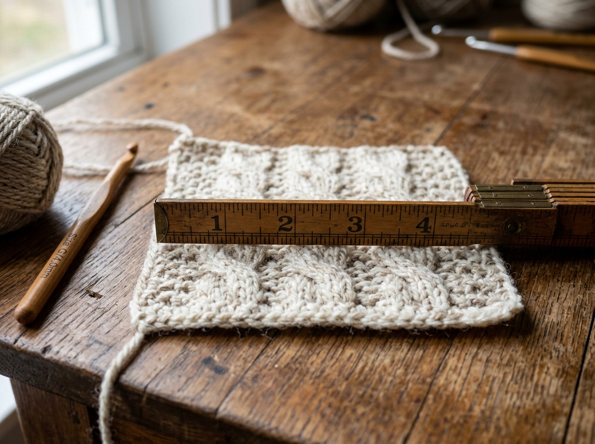 Close-up of crochet gauge swatch with wooden measuring ruler placed horizontally across stitches