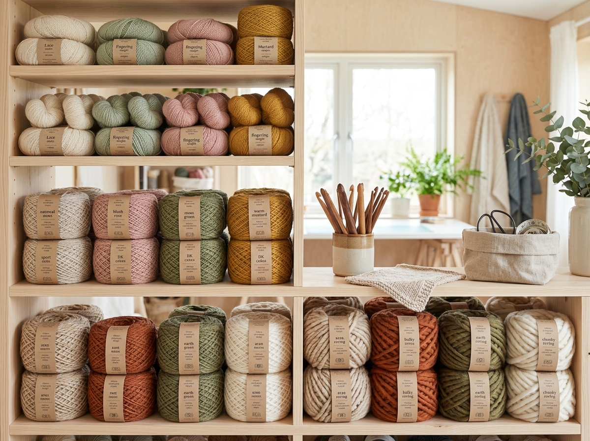 Organized display of yarn skeins and cakes in assorted weights with crochet hooks
