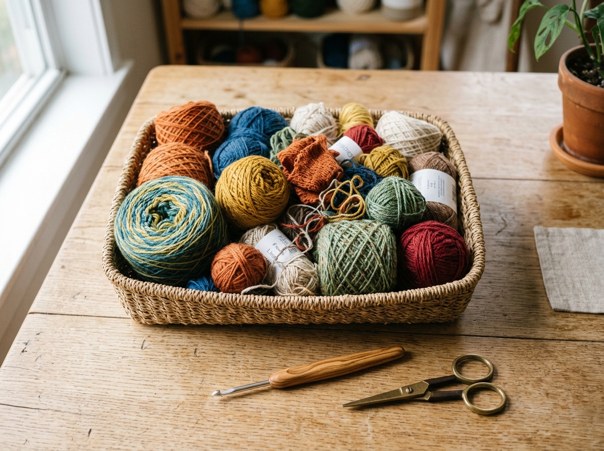 Assorted leftover yarn balls and cakes in woven basket with wooden crochet hook